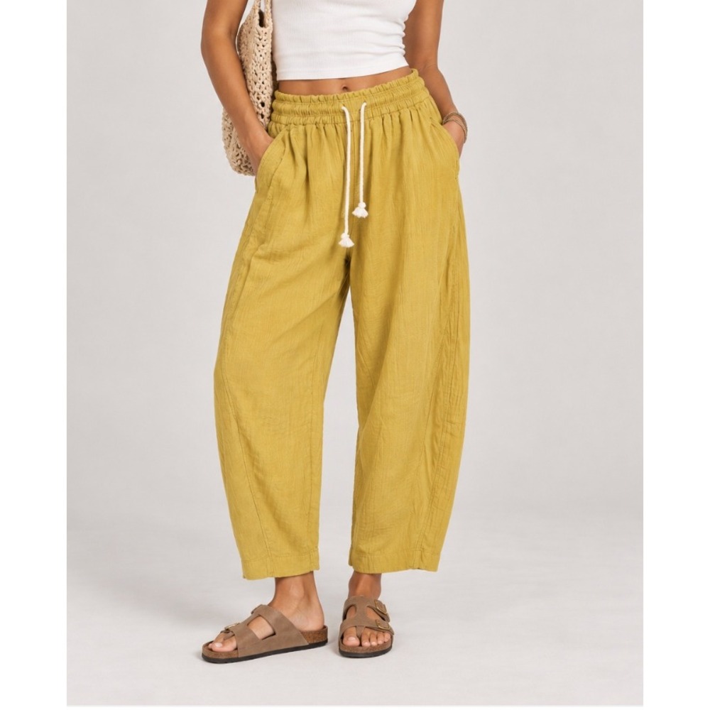 NEW Old Navy High-Rise Barrel Leg Pants Mustard Yellow XS Elastic Waist Gauze
